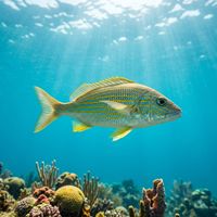Grunt fish with silvery bodies and horizontal stripes schooling above a coral reef in clear tropical water.