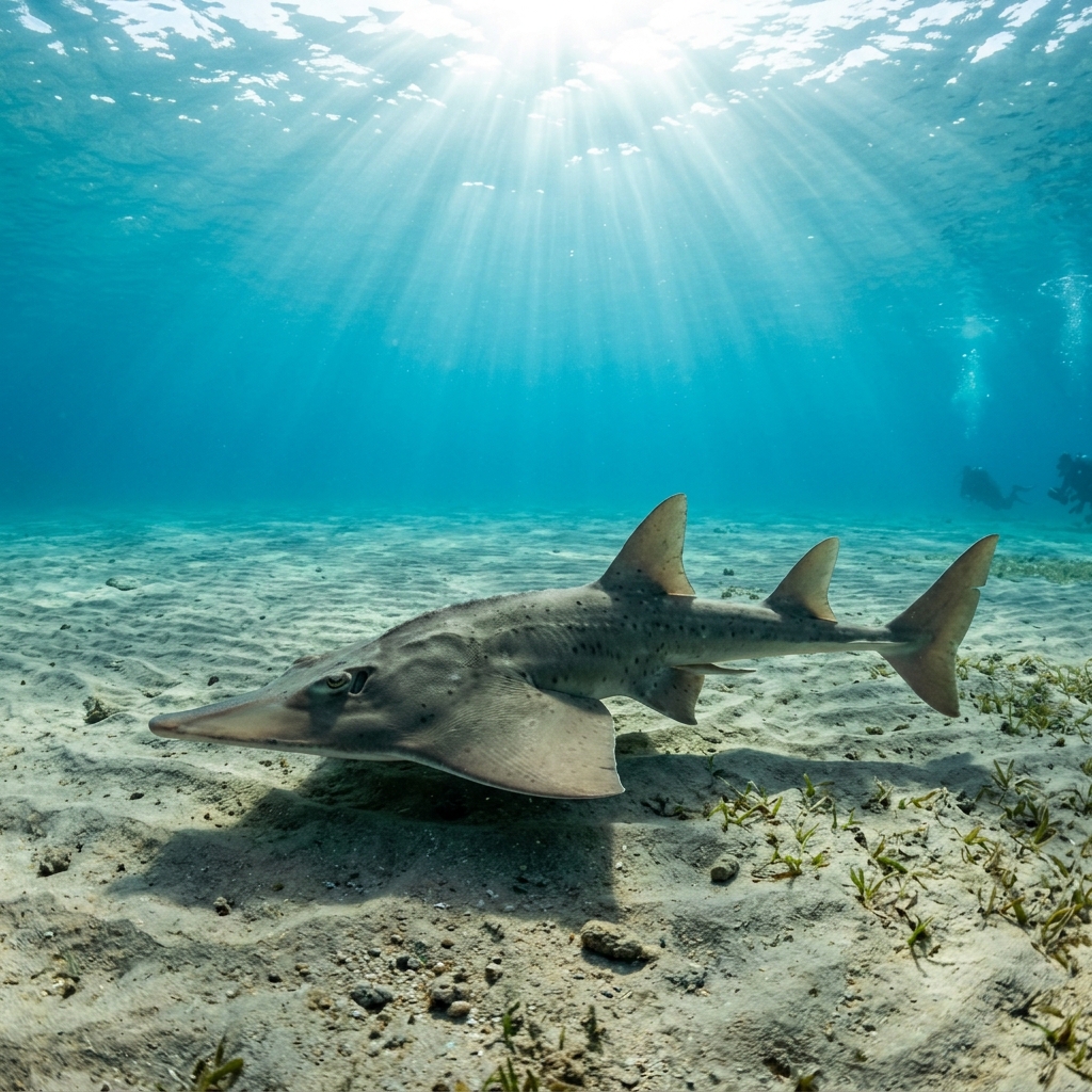 Guitarfish resting on sandy seafloor, showing its flattened elongated body, broad pectoral disc and long shark-like tail.
