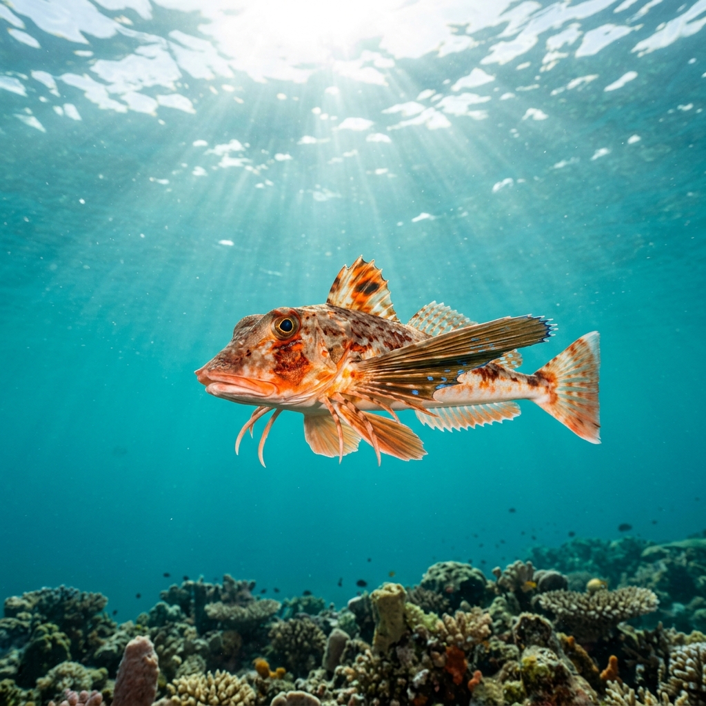 Gurnard (Triglidae spp.) swimming in its natural underwater habitat