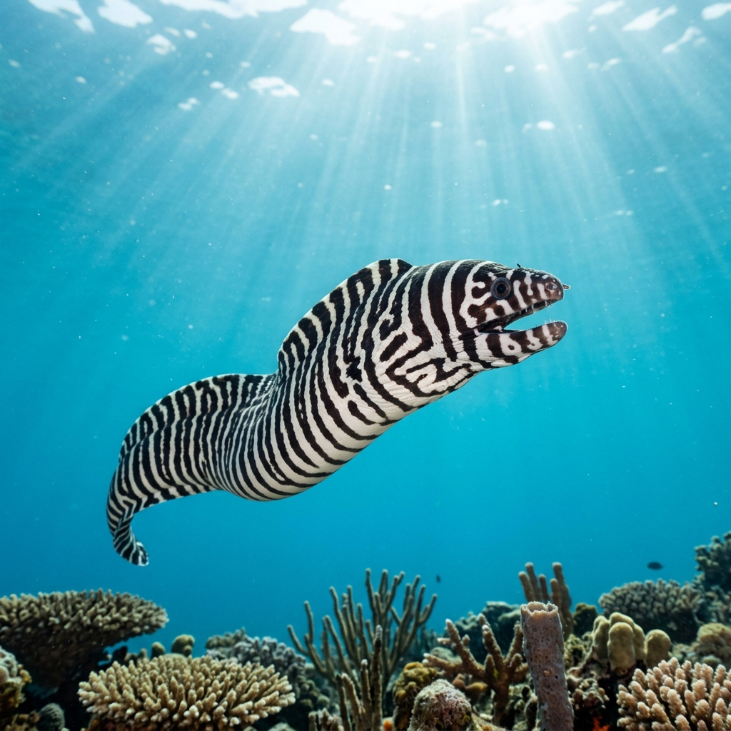Zebra moray eel with bold dark and white alternating bands coiled among coral reef crevices in shallow tropical water.