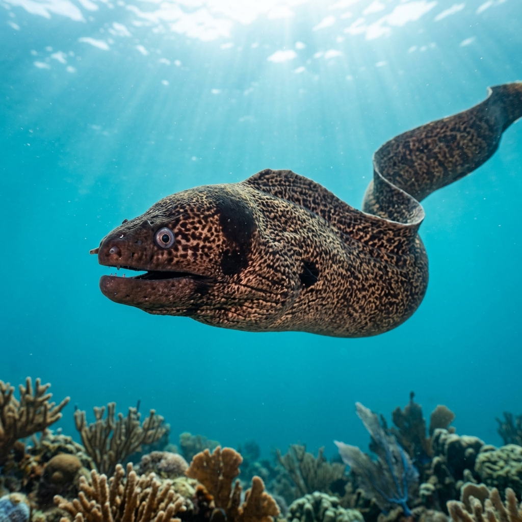 Blackcheek Moray eel with a dark patch behind the jaw, brown-patterned body, peering from a coral reef crevice.