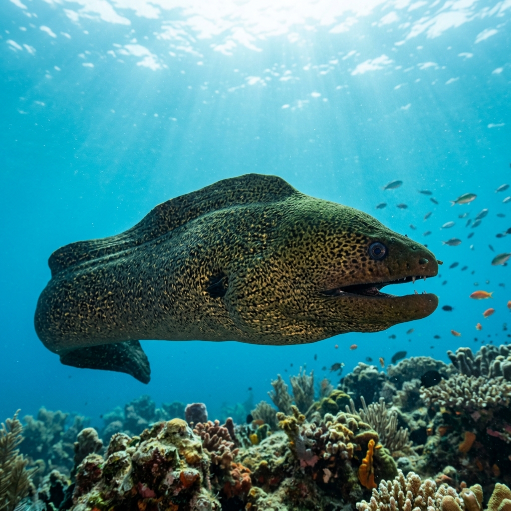 Panamic Green Moray with uniform olive-green body and open-mouthed posture peering from a rocky reef crevice.