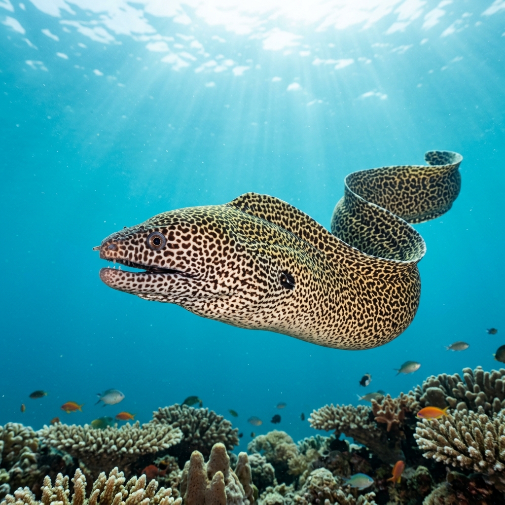 Laced moray eel with bold black and white honeycomb pattern peering from a crevice on a tropical coral reef.
