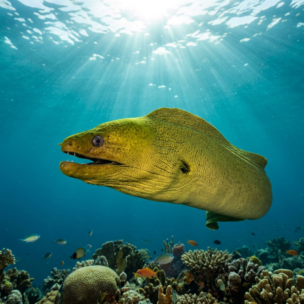 Green moray eel with uniform olive-green body emerging from a rocky reef crevice in shallow tropical water.