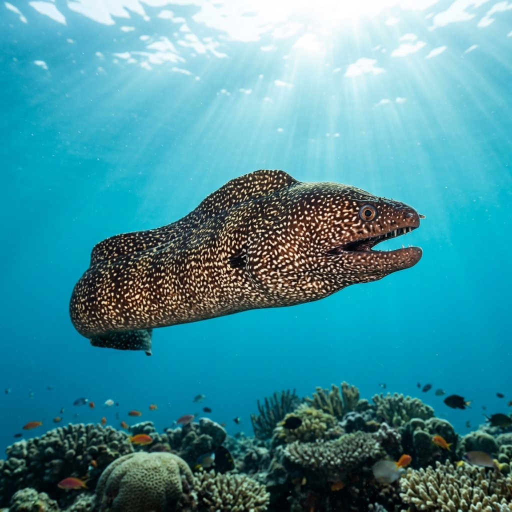 Turkey moray eel with white body densely covered in dark brown spots, head emerging from a crevice in a coral reef.