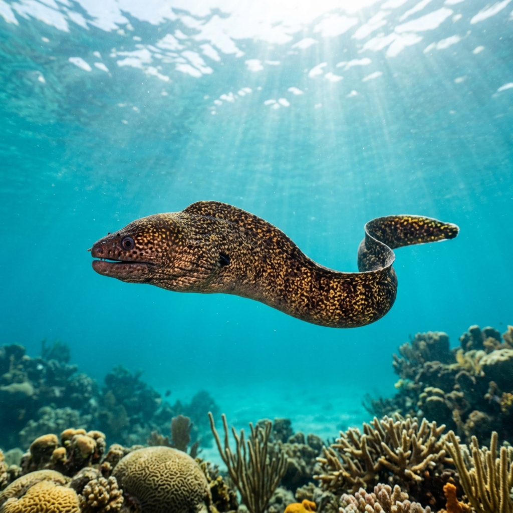 Goldentail Moray with dark brown body covered in small yellow spots and a bright yellow tail peeking from a coral reef crevice.