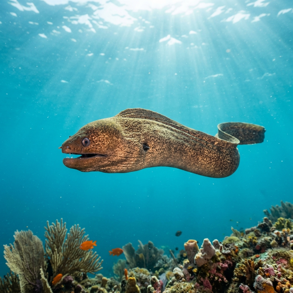 California Moray, a brown-green elongated eel, peering from a rocky reef crevice in cool Pacific waters.