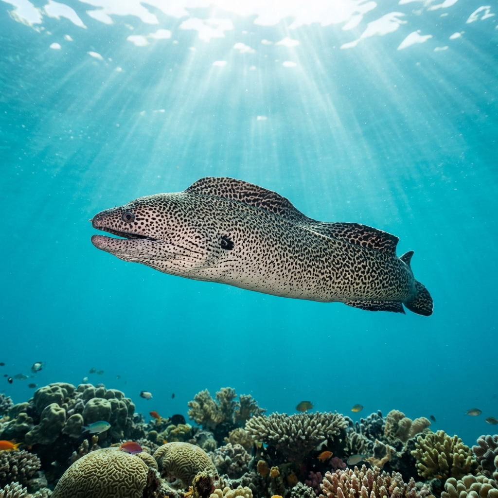 Spotted moray eel with white body covered in dark brown spots peering from a coral reef crevice in clear tropical water.