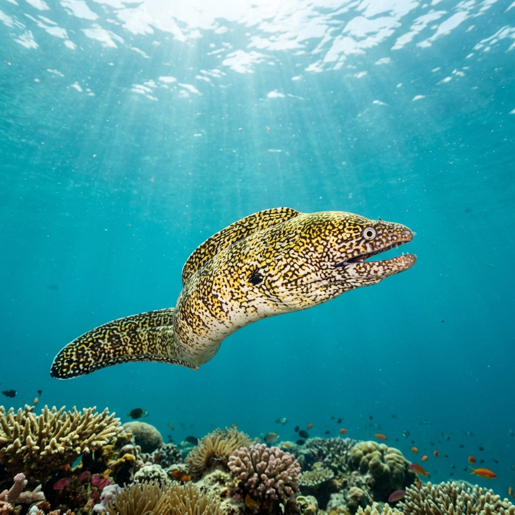 Starry moray eel with dark brown body covered in small yellow-white spots peering from a rocky reef crevice.