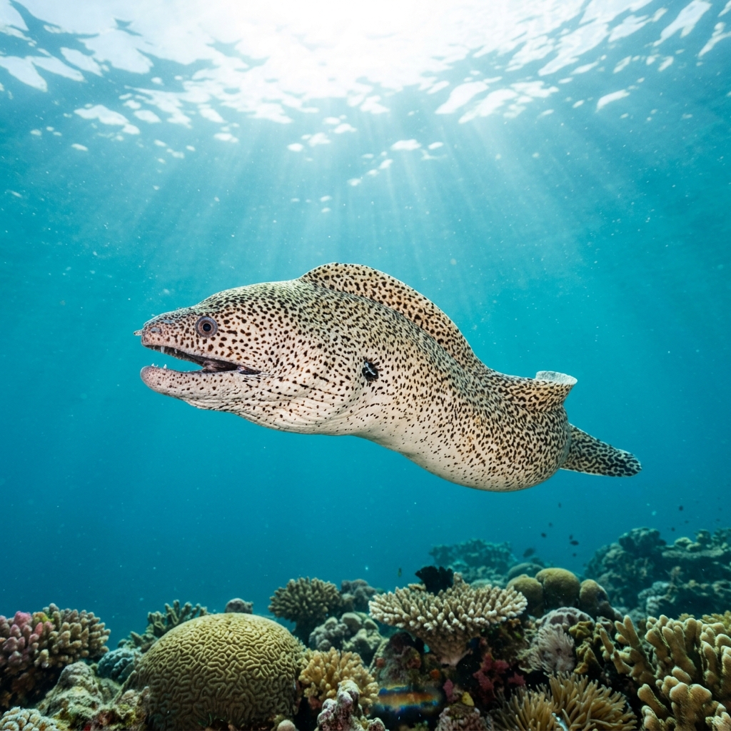Painted Moray eel with white body covered in irregular dark brown spots, head protruding from a rocky reef crevice.