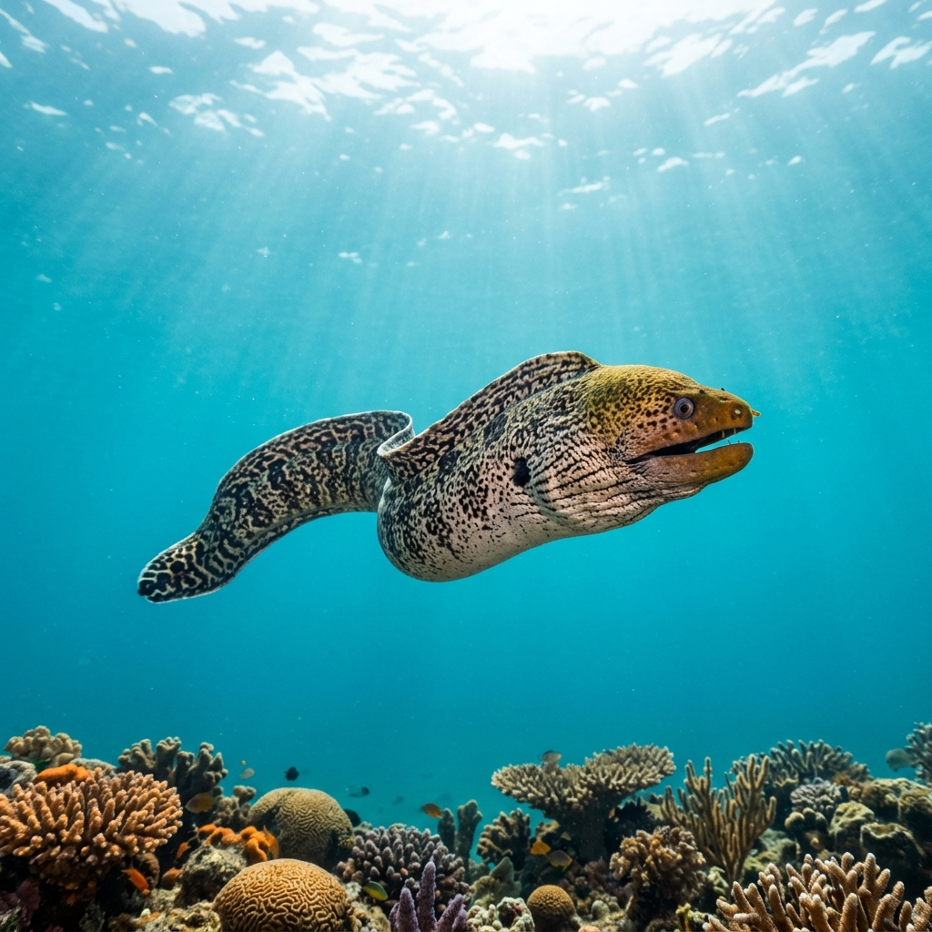 Undulated moray eel with brown and pale wavy patterned body emerging from a coral reef crevice.