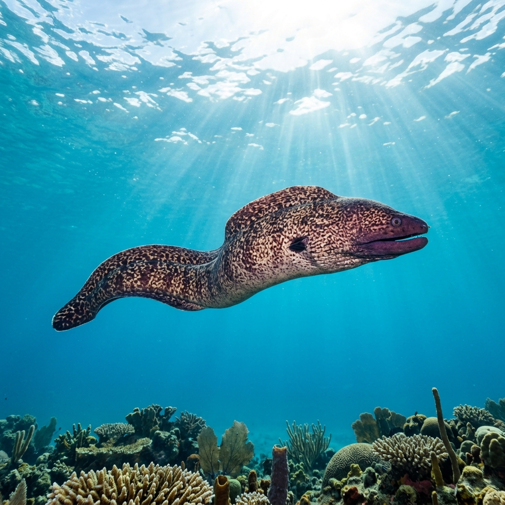 Purplemouth moray with brownish body, pale-spotted patterning and a distinctively purple-tinged mouth open on a rocky reef.