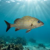 Adult Caesar Grunt with bronze-yellow horizontal stripes and a silvery body hovering over a coral reef.