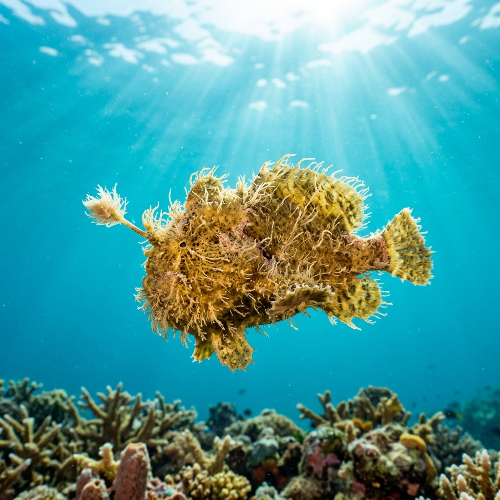 Hairy frogfish with shaggy skin filaments and mottled yellow-brown colouring perched motionless on a coral reef.