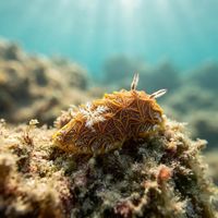 Tessellated Halgerda nudibranch with white ridged body and brown-outlined patches crawling on reef rubble.