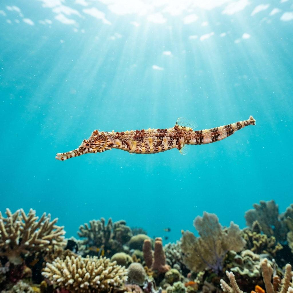 Ornate Pipefish with intricate banded patterning clinging to a coral reef in tropical water.