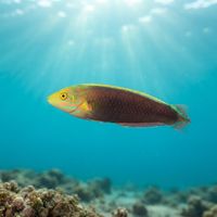Small rainbow wrasse with iridescent multicoloured stripes swimming close to a rocky reef.