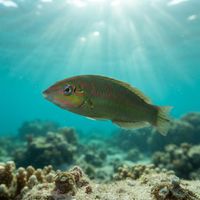Blackear wrasse, a small slender fish with greenish body and dark ear spot, over a sandy reef bottom.