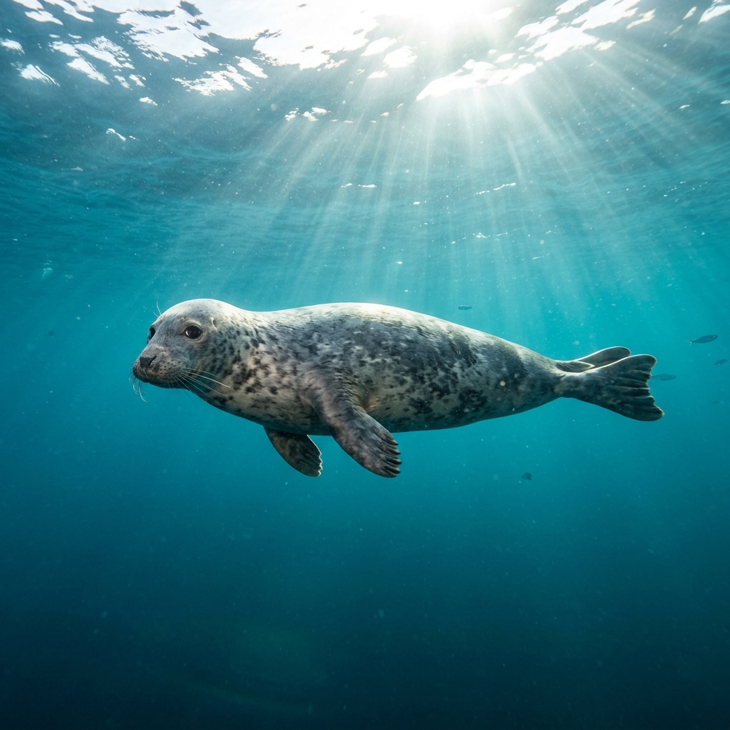 Gray seal with pale grey mottled skin and distinctive long Roman nose resting on a rocky seafloor in cold, green-tinted water.