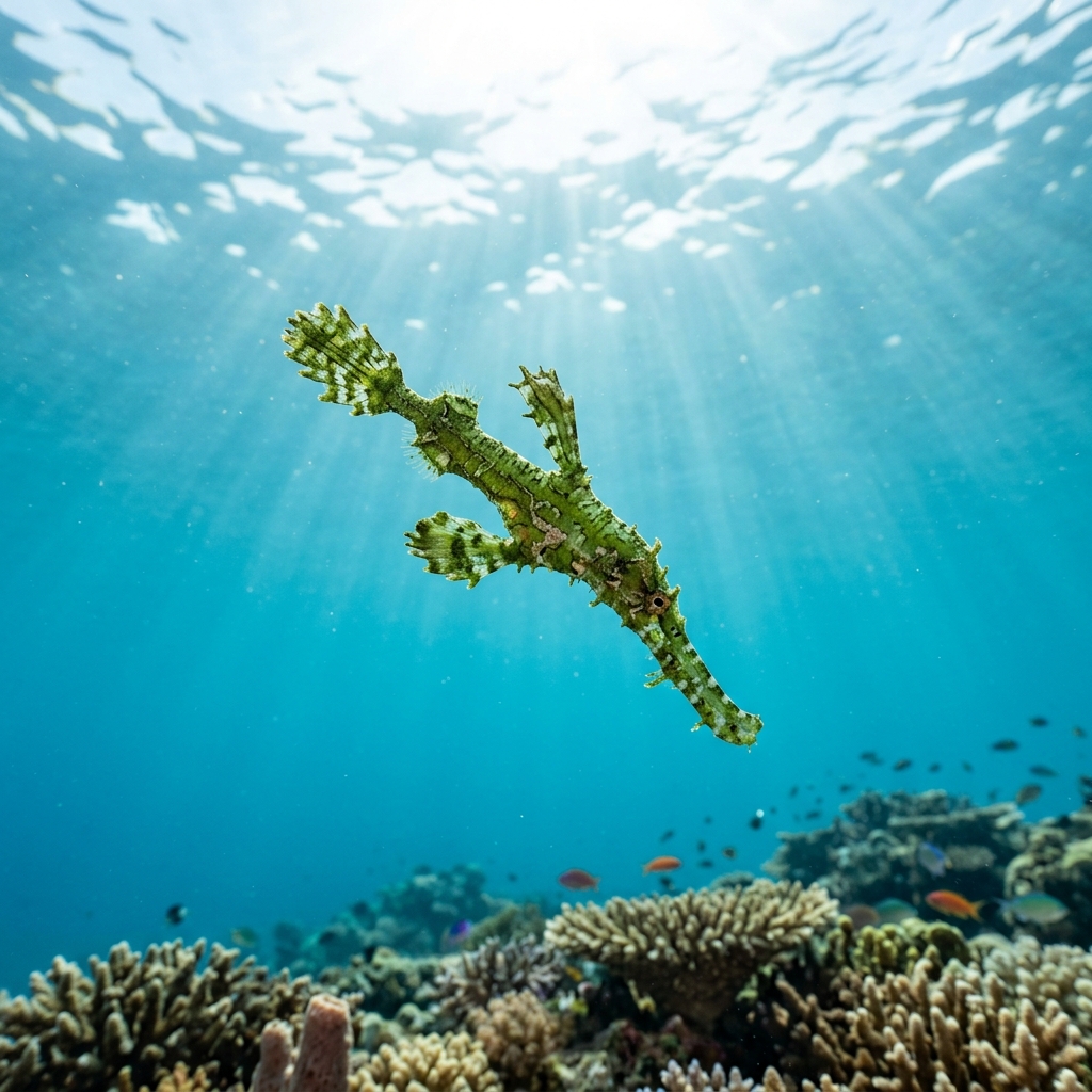 Halimeda Ghost Pipefish (Solenostomus halimeda) swimming in its natural underwater habitat