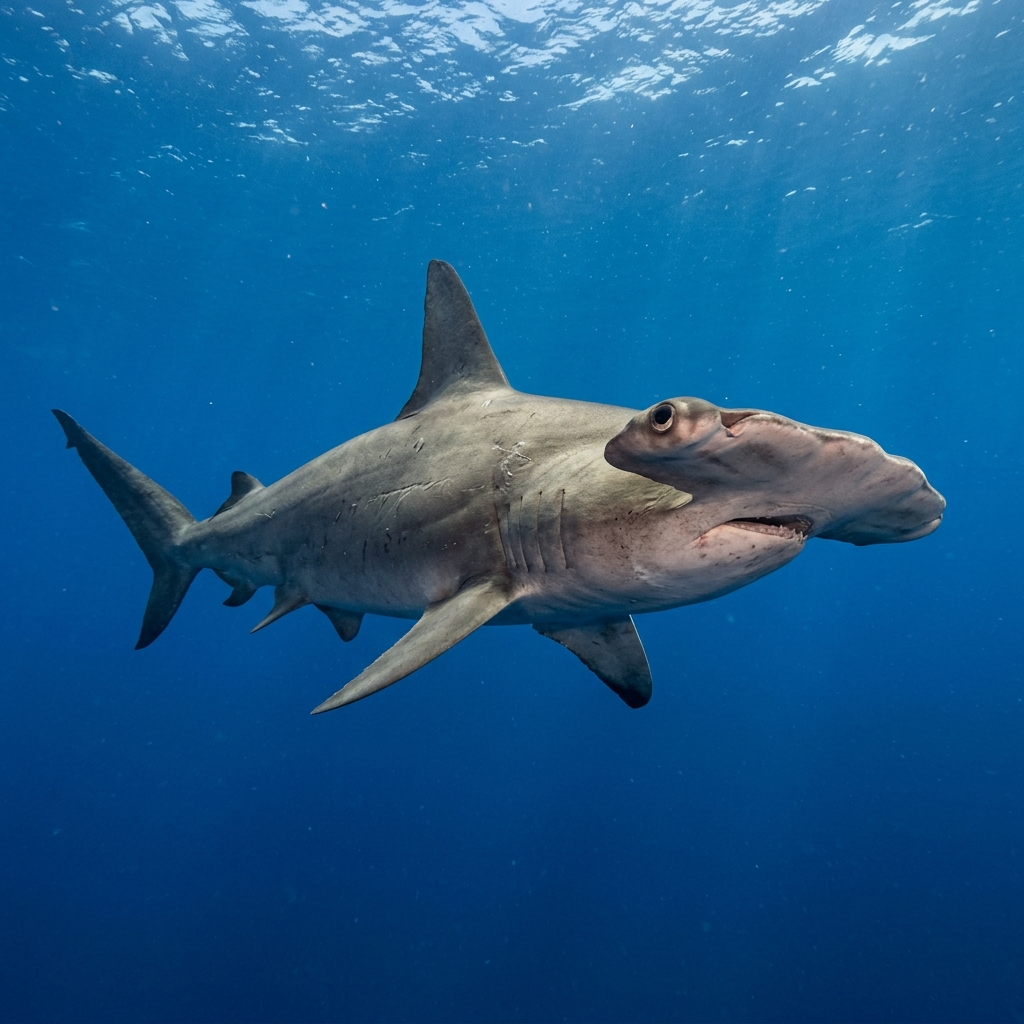 Hammerhead Shark (Sphyrna spp.) cruising through the ocean
