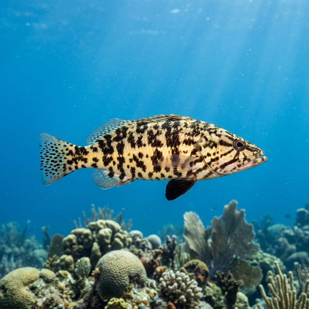 Harlequin Bass (Serranus tigrinus) swimming in its natural underwater habitat