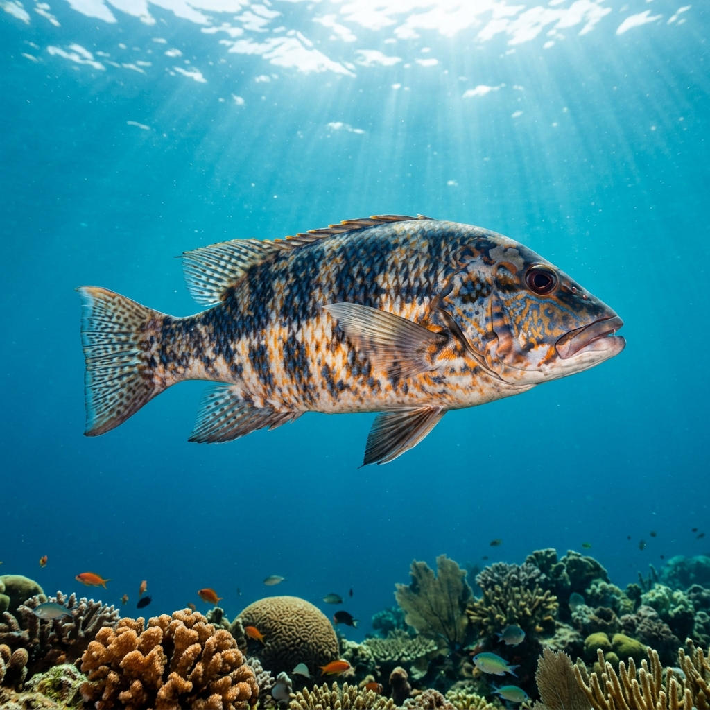 Harlequin Fish (Othos dentex) swimming in its natural underwater habitat