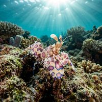 Harlequin shrimp with bold white body covered in pink and purple spots and flattened paddle-like claws, perched on a coral reef.