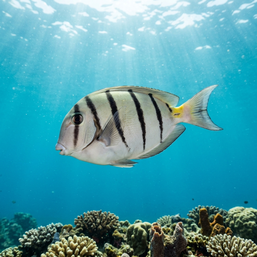 Hawaiian Convict Surgeonfish (Acanthurus sandvicensis) swimming in its natural underwater habitat