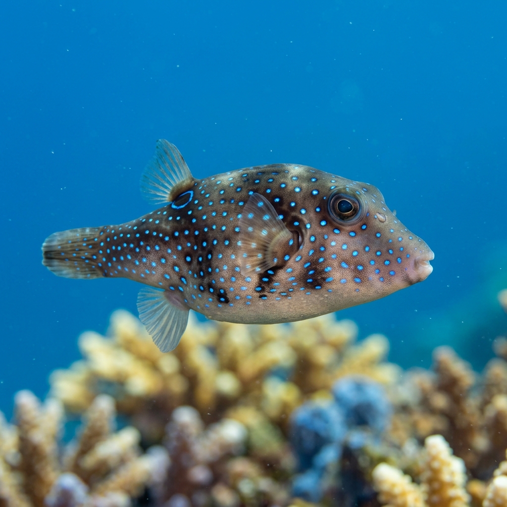 Hawaiian Spotted Toby (Canthigaster jactator) swimming in its natural underwater habitat