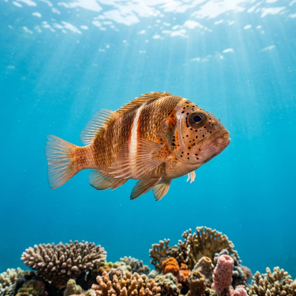 Hawkfish perching motionless on a coral head, showing mottled reddish and white patterning against a tropical reef backdrop.