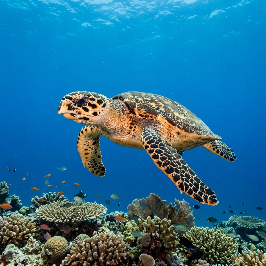 Hawksbill Sea Turtle (Eretmochelys imbricata) swimming through clear tropical waters