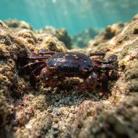 Purple shore crab with mottled purple-green carapace and unequal claws sheltering under a rock in shallow tide pool water.