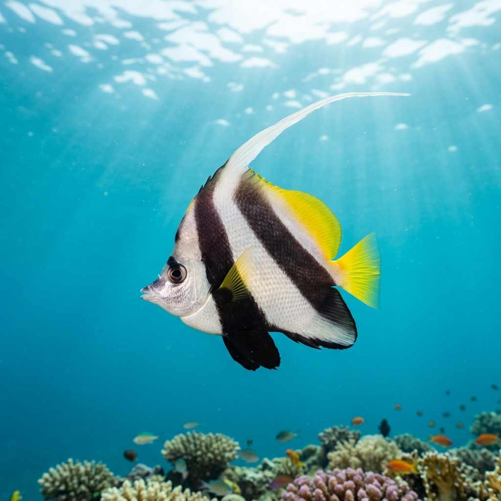 Red Sea Bannerfish with bold black and white vertical bands and a tall dorsal fin filament swimming over a coral reef.