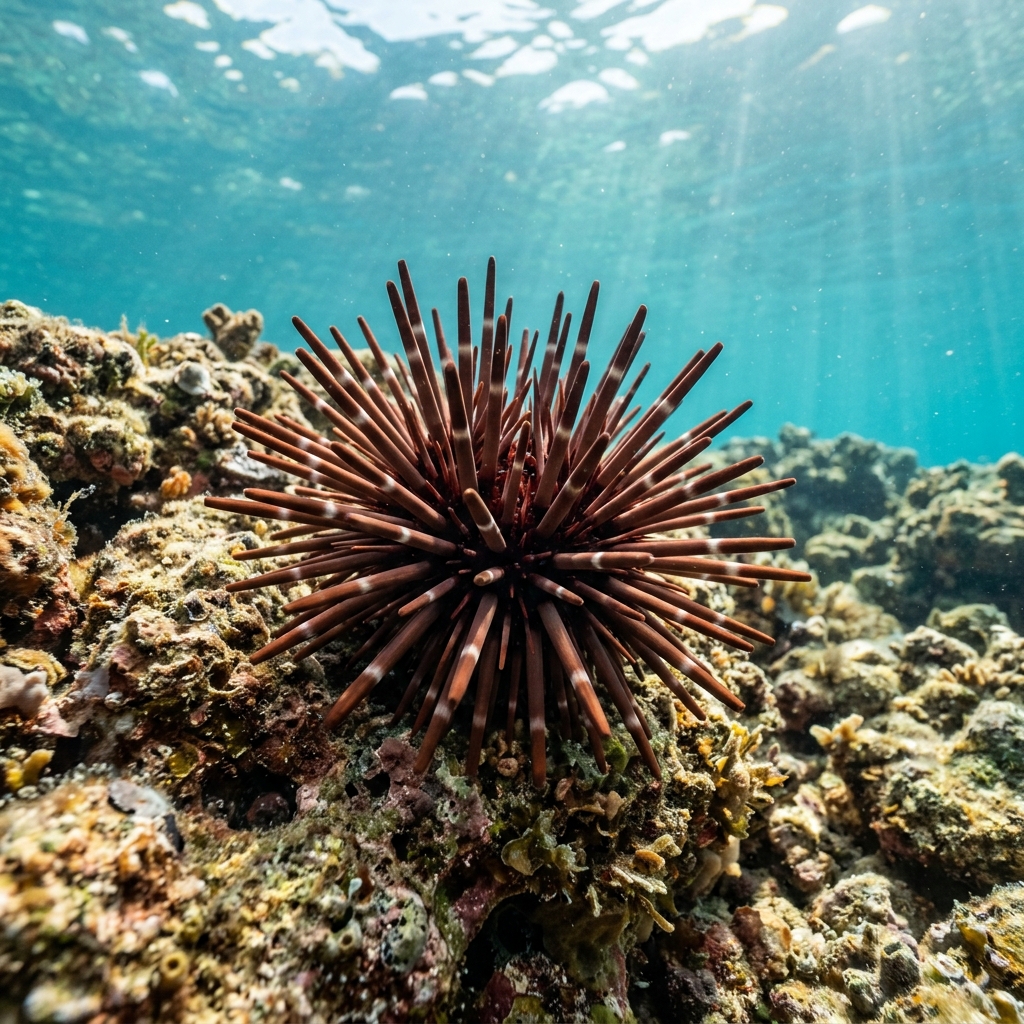 Slate Pencil Urchin with thick, blunt reddish-brown spines resting in a crevice on a tropical coral reef.