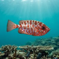 Bright glasseye fish with deep red body and large dark eyes hovering near a rocky reef ledge.