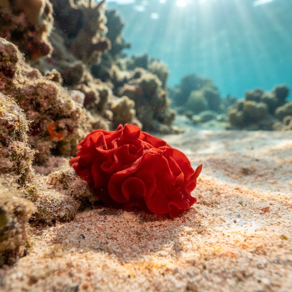 Hexabranchus sandwichensis nudibranch with a ruffled mantle crawling over a Hawaiian reef.