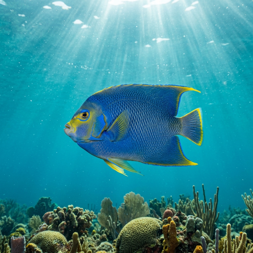 Adult blue angelfish with pale blue-grey body, yellow-edged scales, and blue-tipped fins swimming over a coral reef.