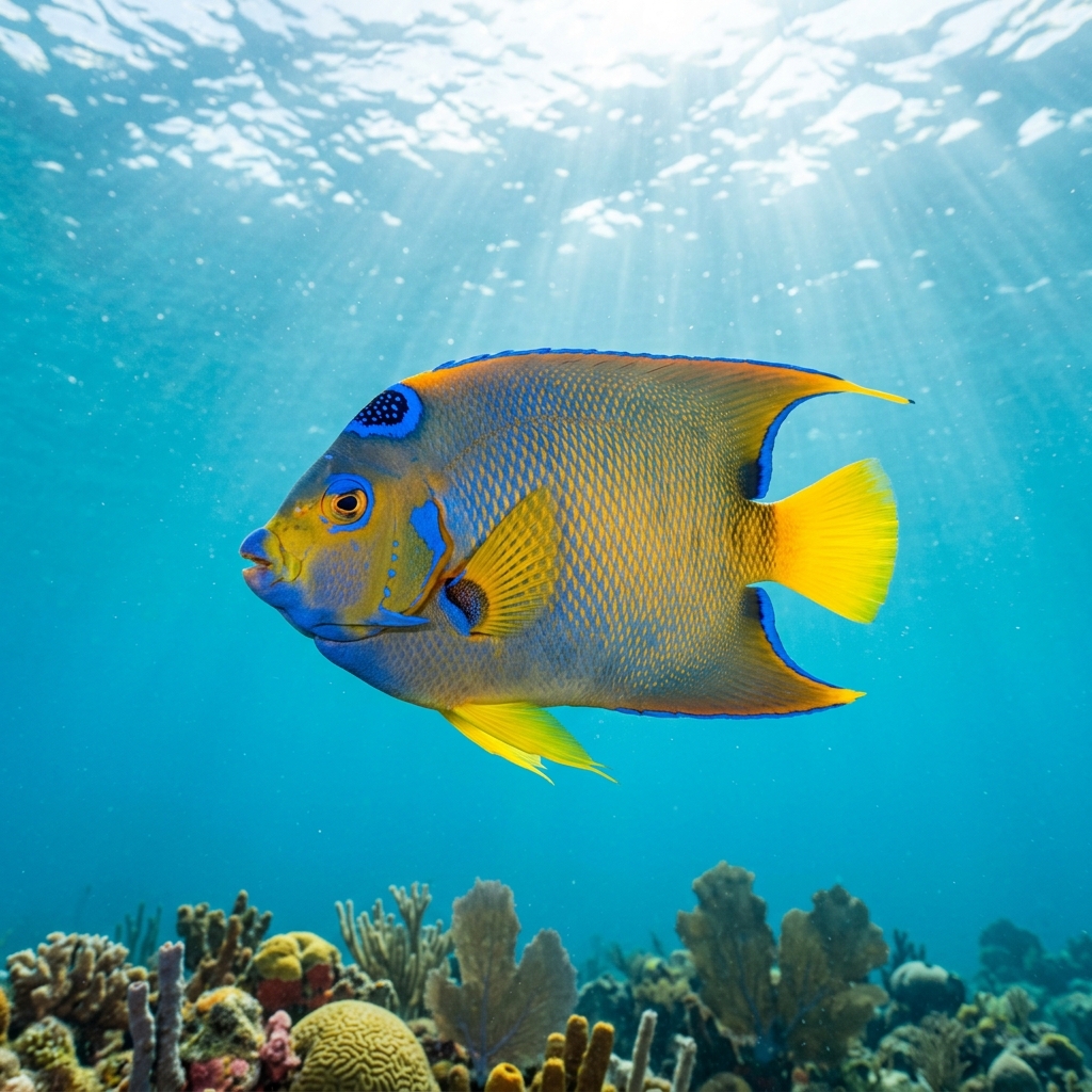 Queen angelfish with vivid yellow and blue body, blue-ringed crown spot on forehead, swimming over a Caribbean coral reef.