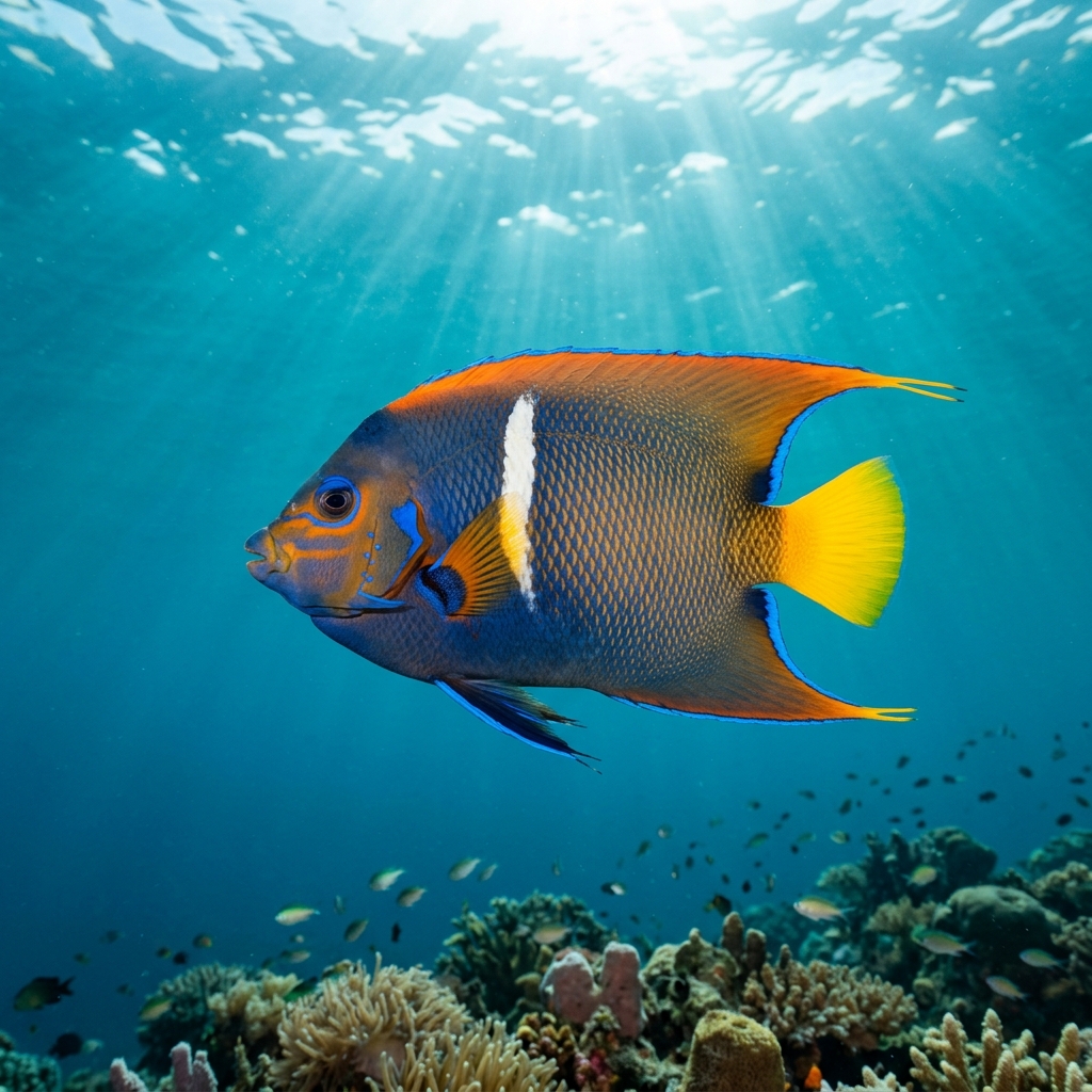 King Angelfish with a bright white vertical body stripe, dark blue-black flanks, and an orange tail swimming over a rocky reef.