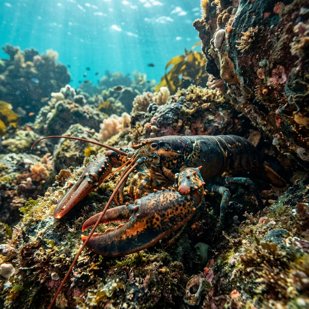 Common Lobster with deep blue and orange-tipped claws resting in a rocky crevice on a temperate reef.