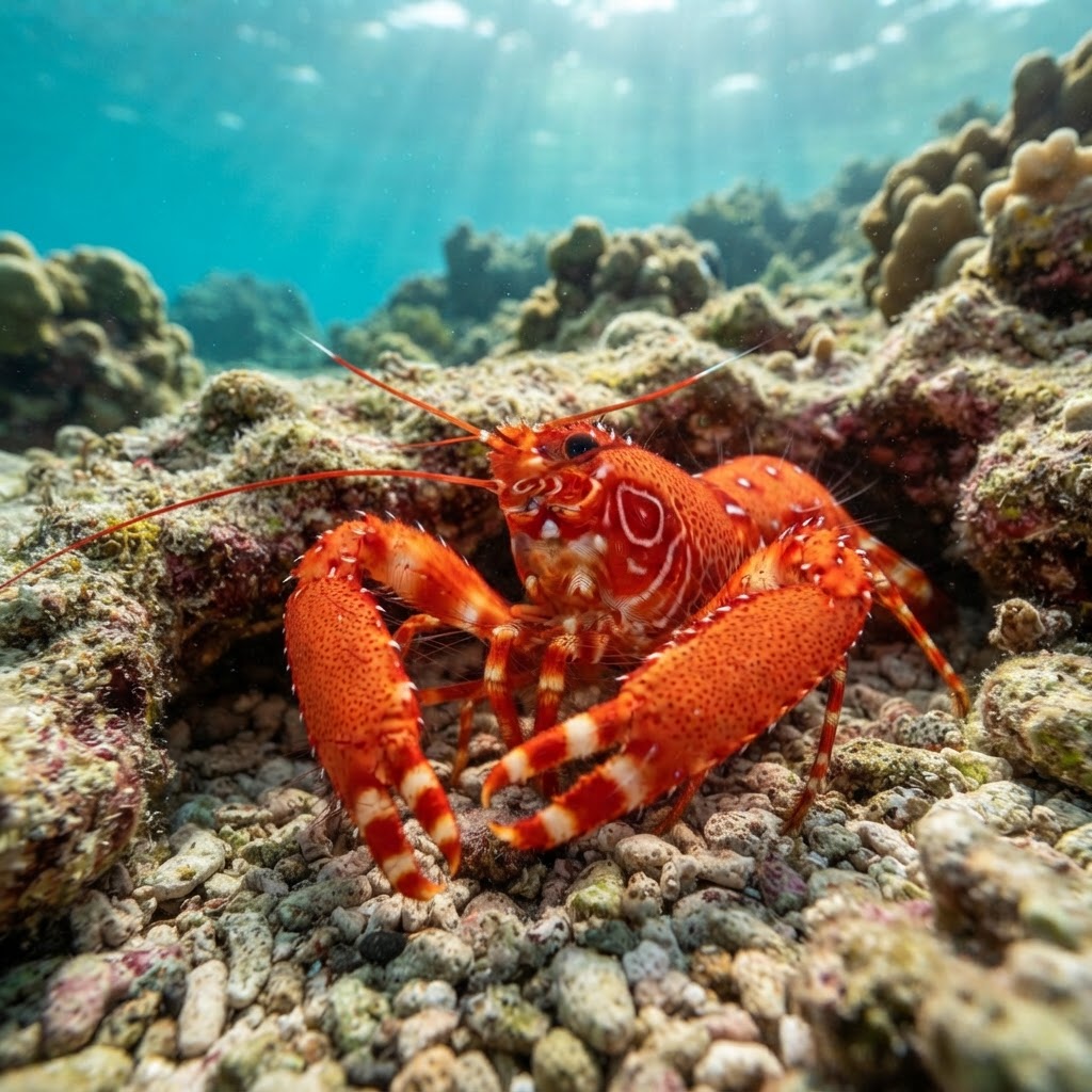 Flaming reef lobster with reddish-orange banded body and long antennae wedged in a rocky reef crevice.