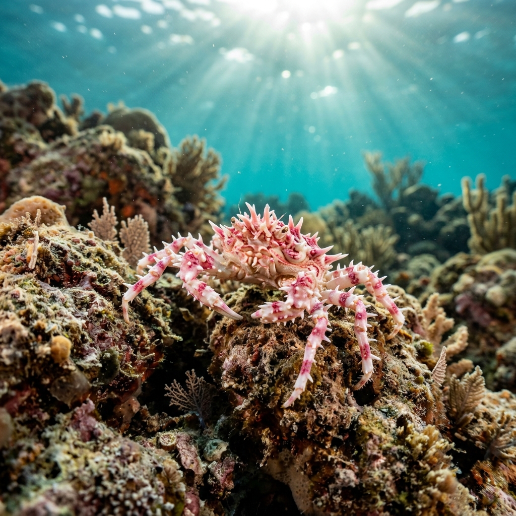 Candy Crab with white body and pink-tipped tubercles clinging to a matching soft coral branch on a tropical reef.