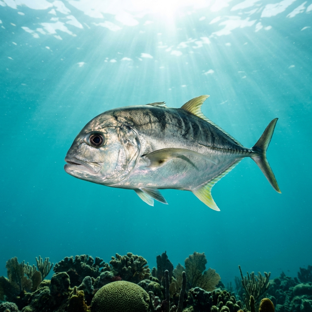 Horse Eye Jack (Caranx latus) swimming in its natural underwater habitat