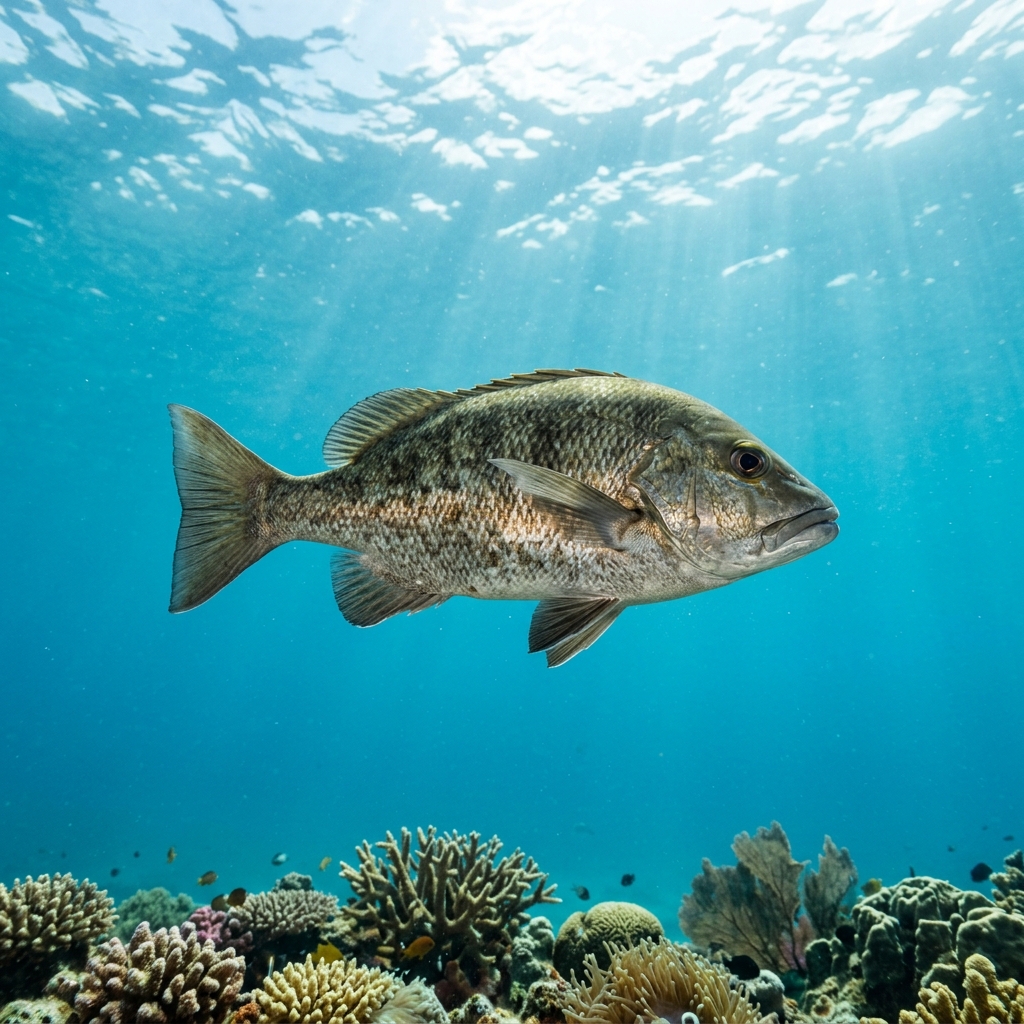 Hottentot Fish (Pachymetopon blochii) swimming in its natural underwater habitat