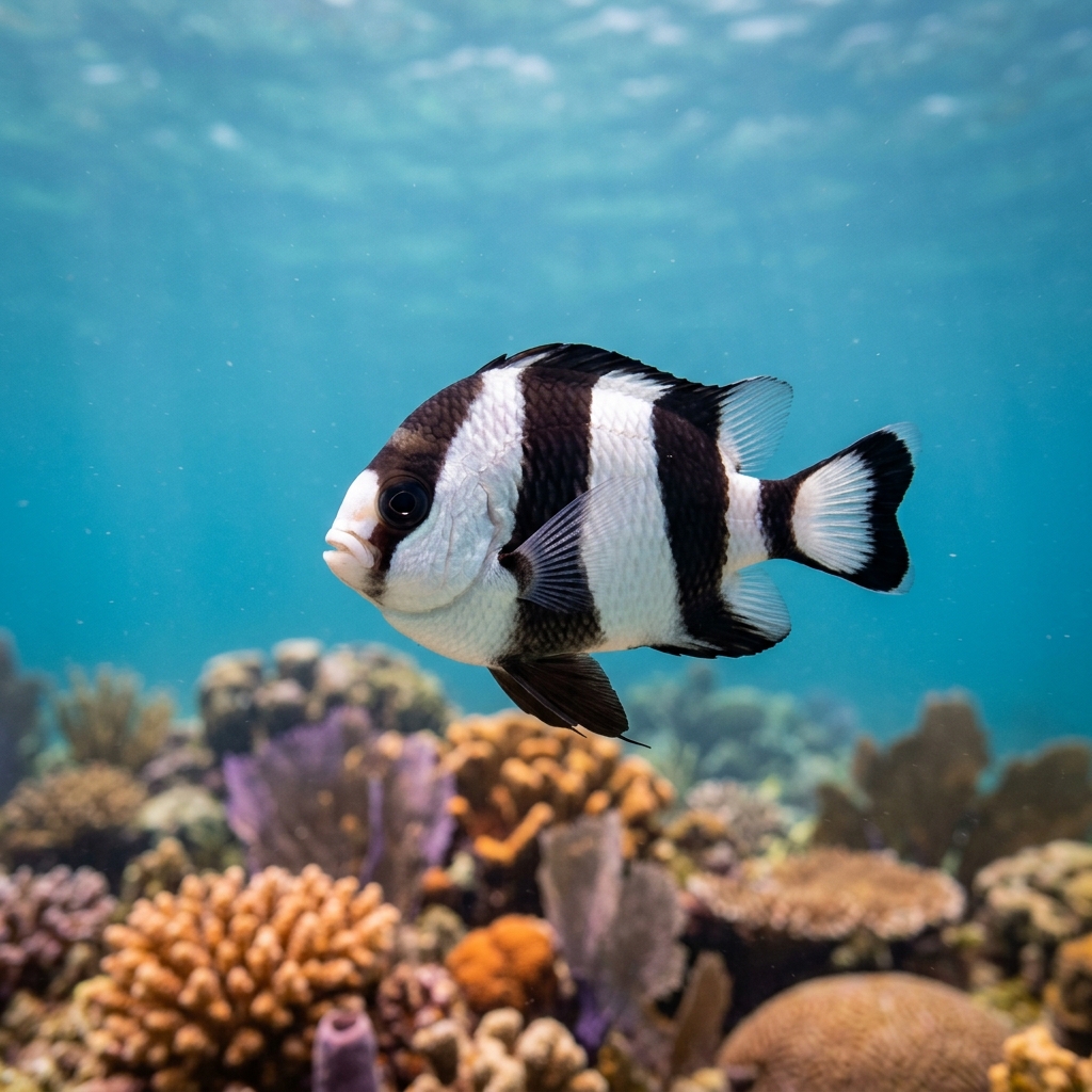 Humbug Dascyllus (Dascyllus aruanus) swimming in its natural underwater habitat