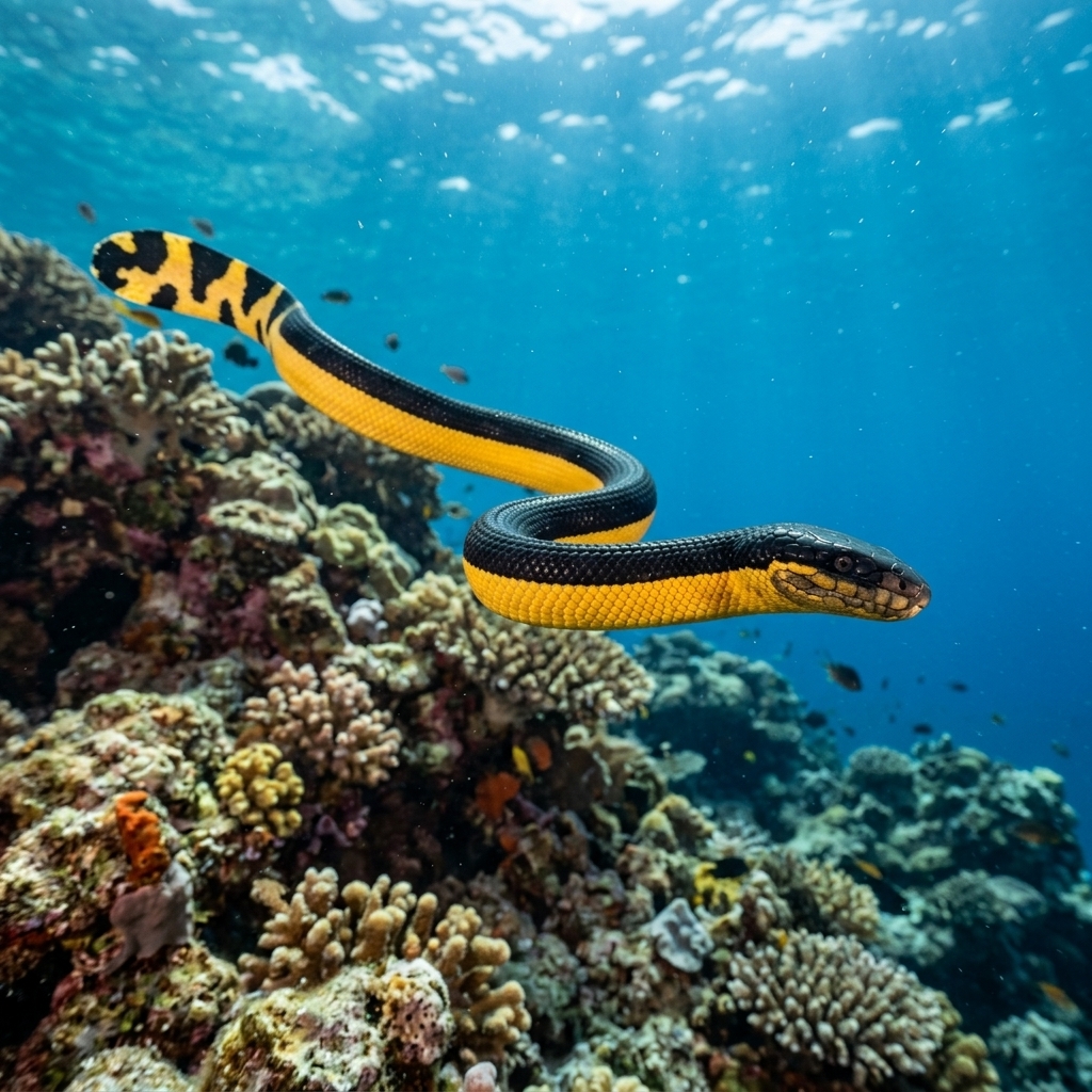 Pelagic sea snake with yellow and black banded body swimming near the ocean surface in open blue water.