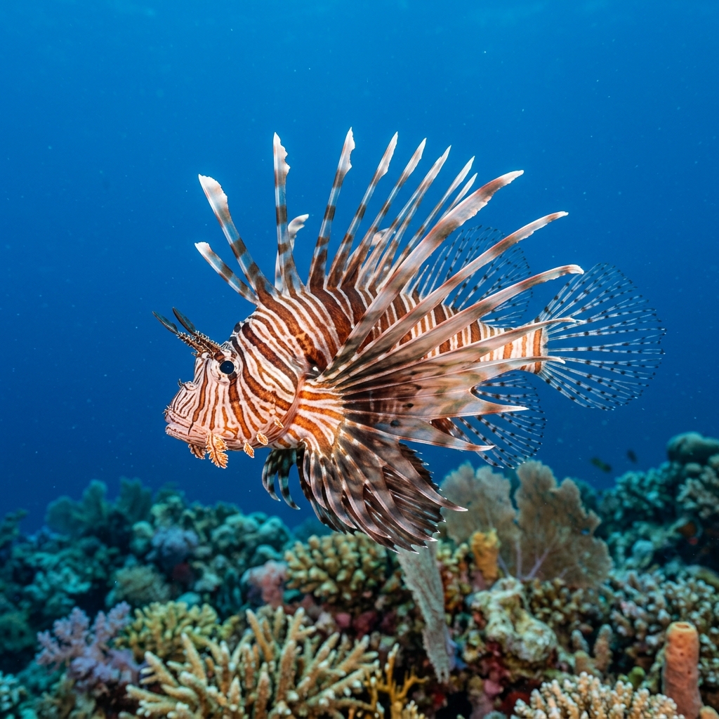Indian Lionfish with red, white and brown banded body and fan-like pectoral fins extended, hovering near a coral reef.
