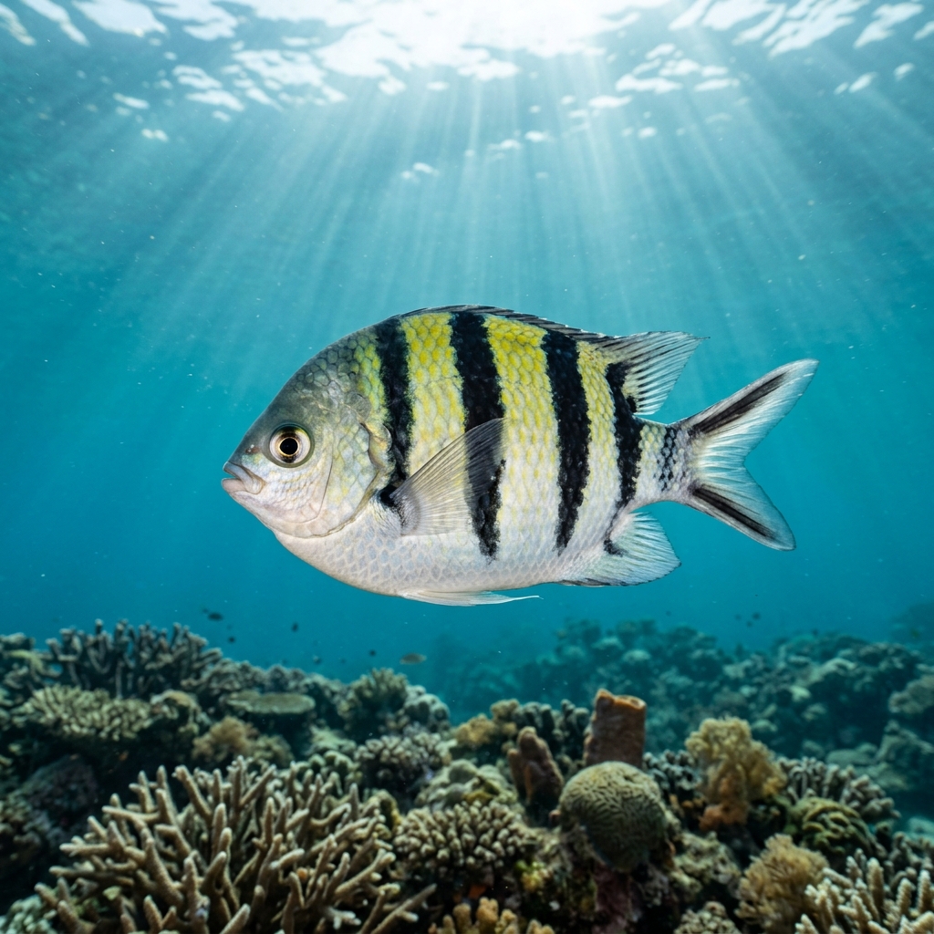 Indo-Pacific Sergeant Major with pale yellow body and five bold black vertical stripes swimming near a coral reef.