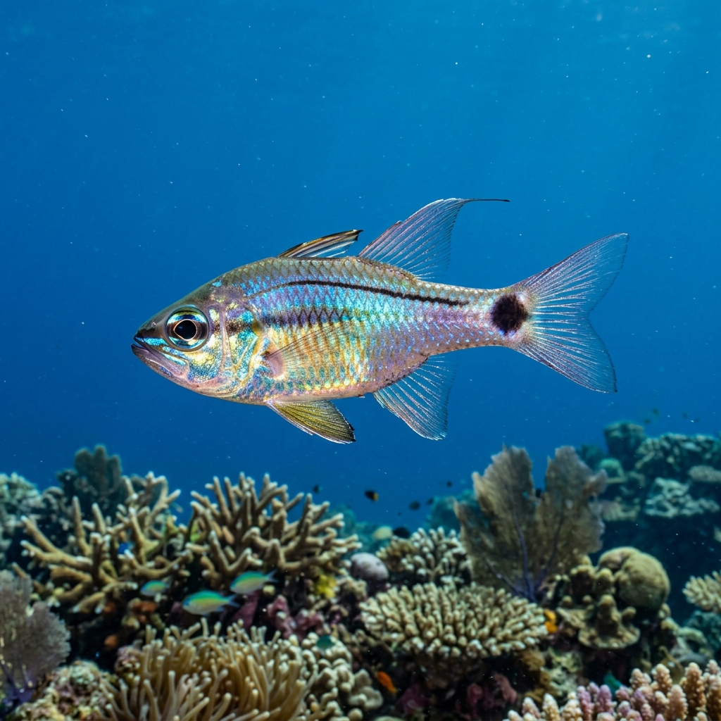 Iridescent Cardinalfish (Pristiapogon kallopterus) swimming in its natural underwater habitat
